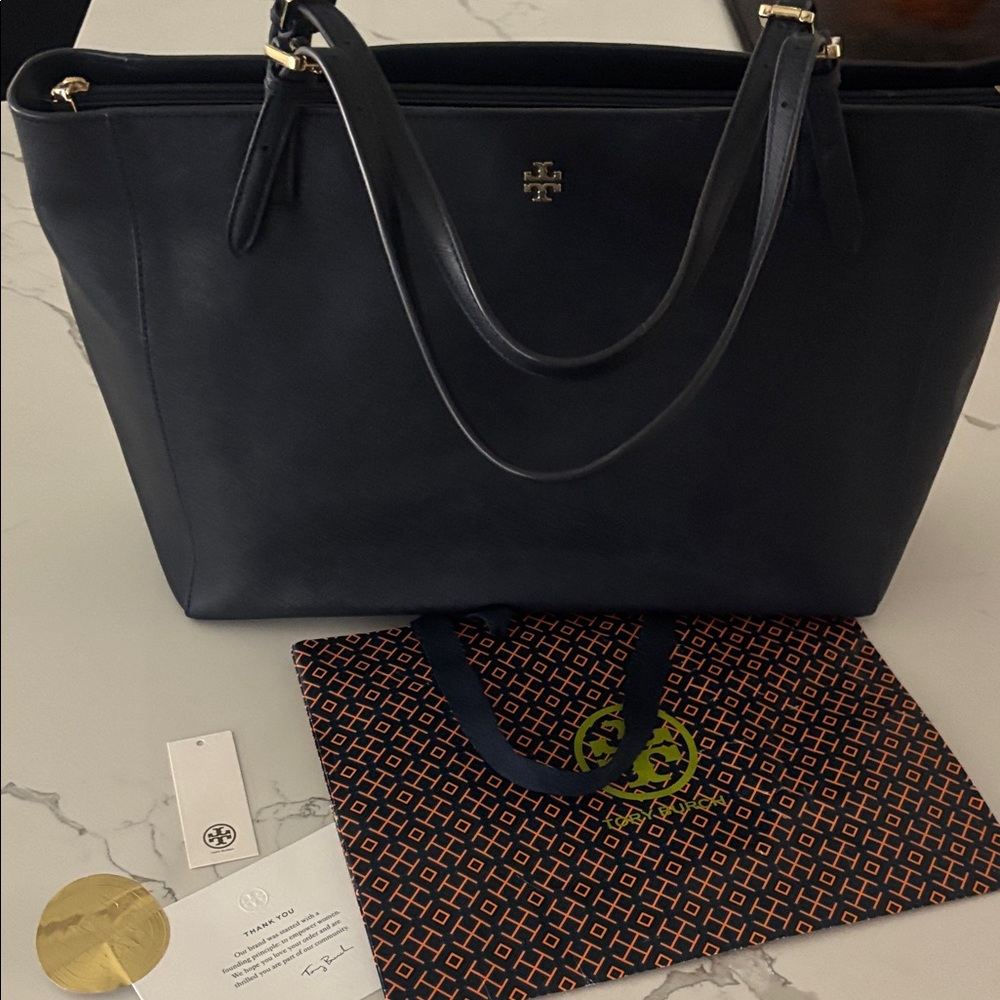 Tory Burch NAVY  Leather Tote with Gold Logo - Picture 5 of 16
